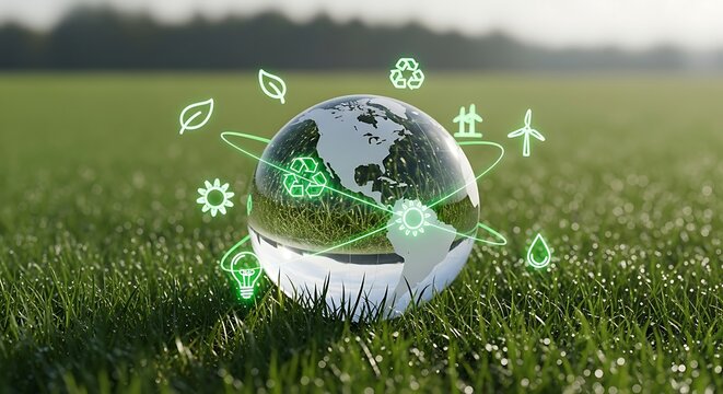 Sustainable earth globe with green energy icons floating in a grassy field