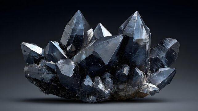 Dark and mysterious cluster of smoky quartz crystals with sharp facets and a deep, reflective surface.