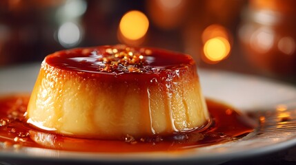 Decadent creamy flan dessert with rich caramel sauce on a plate.