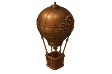 Steampunk hot air balloon with bronze mechanical gears and basket, retro fantasy journey concept, transparent background