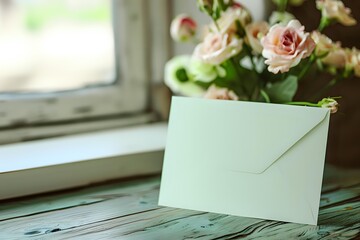 Mint green envelope on rustic wooden windowsill with soft pink roses in background, creating romantic atmosphere for wedding invitations or love letters.