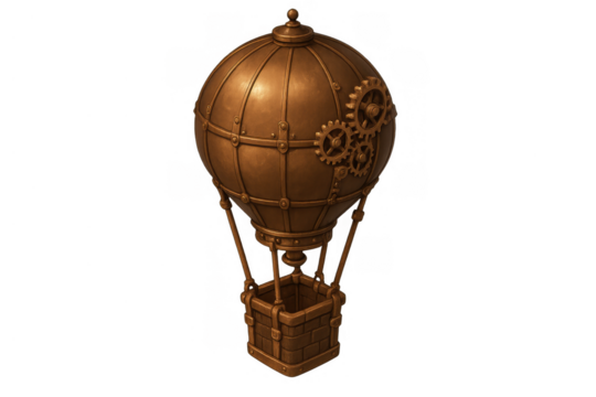 Steampunk hot air balloon with bronze mechanical gears and basket, retro fantasy journey concept, transparent background - Powered by Adobe