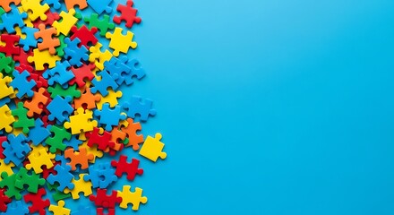 A vibrant collection of colorful jigsaw puzzle pieces scattered on a bright blue background, symbolizing connection, problemsolving, and autism awareness