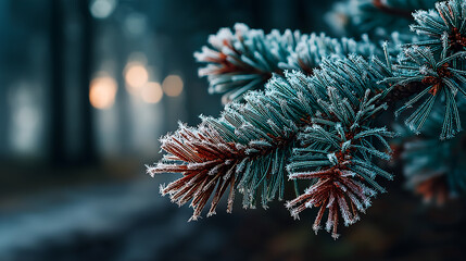 Close up of frost covered pine needles with blurred background in winter