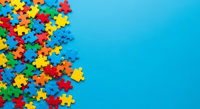 A vibrant collection of colorful jigsaw puzzle pieces scattered on a bright blue background, symbolizing connection, problemsolving, and autism awareness - Powered by Adobe