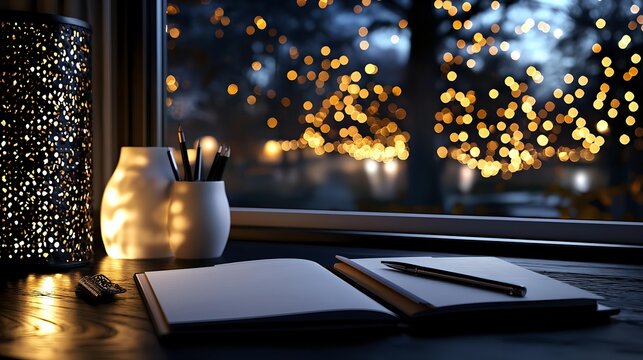 Cozy evening workspace with notebook and pen by window, illuminated by warm lamp against backdrop of twinkling holiday lights outside.