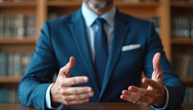 Close up photo of a man in suit gesturing with hands. He is a lawyer or attorney talking to a client about case. Office setting bookshelves background.