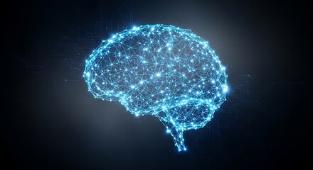 Abstract glowing blue digital brain network on dark background