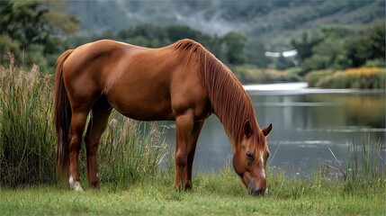 Obraz premium Chestnut horse grazing by tranquil lake with mountains in background, peaceful rural landscape scene in natural environment.