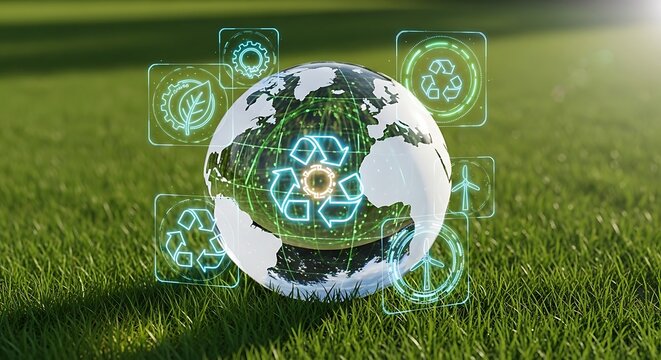 Futuristic earth with recycling symbols and green energy icons on grass