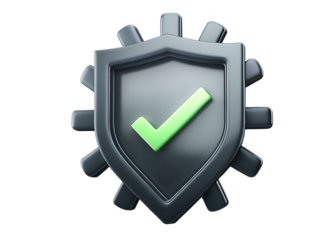 3d metallic shield with green checkmark isolated on white background