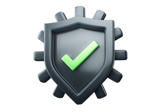 3d metallic shield with green checkmark isolated on white background