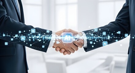 A dynamic image portrays two business professionals sealing a deal with a handshake, augmented by a vibrant network of interconnected nodes and the AI symbol, visualizing the fusion of human