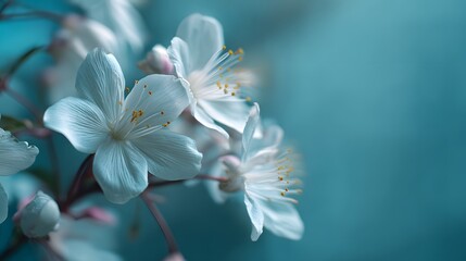 Fototapeta premium Delicate white spring blossoms against a soft teal background.