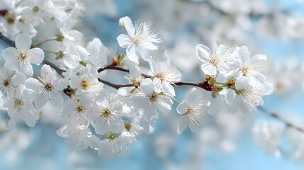 Obraz premium Delicate white spring blossoms on a tree branch against a soft blue sky.