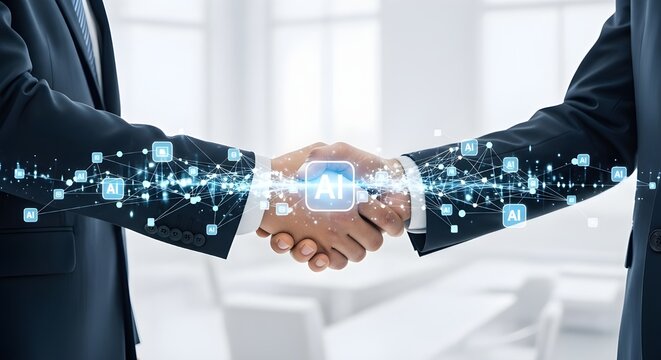 A dynamic image portrays two business professionals sealing a deal with a handshake, augmented by a vibrant network of interconnected nodes and the AI symbol, visualizing the fusion of human - Powered by Adobe