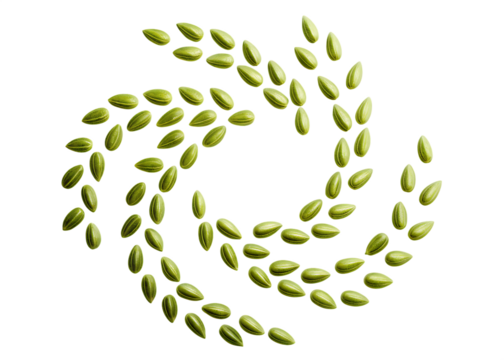 Green seeds arranged in a spiral pattern isolated on white background