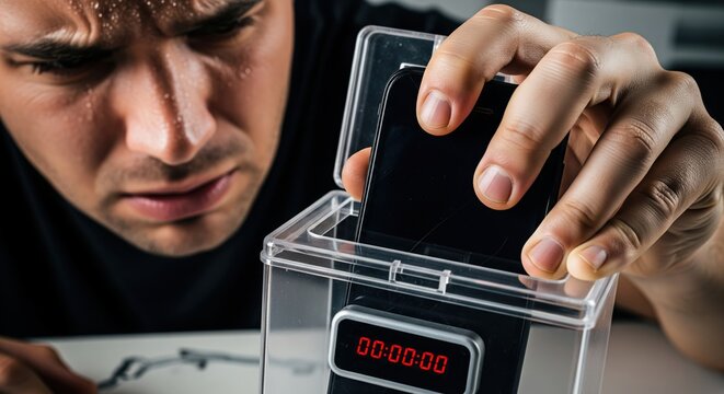 Focused man putting smartphone into transparent box during social experiment on device usage - Powered by Adobe