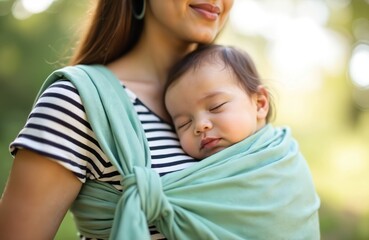 Woman carries sleeping baby in mint wrap carrier outdoors. Mother bonds with child, enjoys nature walk. Peaceful parenting, motherhood lifestyle focus. Gentle closeness.