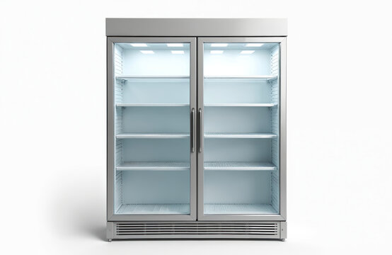 Empty double door commercial refrigerator with glass front isolated on white. Modern steel cooler for beverage, food display. Clean illuminated shelves ready for stocking goods in store, supermarket,