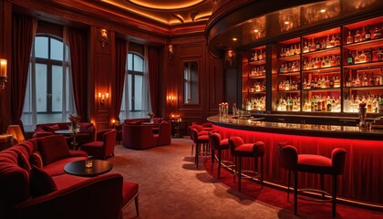 Elegant cocktail lounge with red velvet chairs. Stylish interior decor features comfortable seating, ambient lighting. Alcohol bottles displayed on shelves. Luxury furniture creates inviting