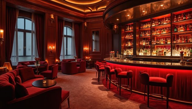 Elegant cocktail lounge with red velvet chairs. Stylish interior decor features comfortable seating, ambient lighting. Alcohol bottles displayed on shelves. Luxury furniture creates inviting