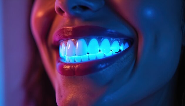 Woman smiles showing bright white teeth with blue LED light tray. Dental cosmetic procedure for teeth whitening at home or clinic. Oral care for healthy, radiant appearance.