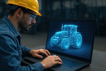 Engineer's Digital Blueprint: An engineer in safety gear meticulously studies a 3D model of a tractor on a laptop, emphasizing precision and technological integration in the industry. 