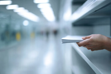 Hand holding stack of documents near shelf blurred office corridor background defocused modern workplace organization paperwork professional calm atmosphere