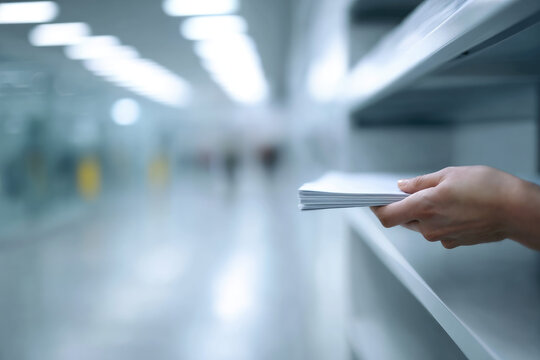 Hand holding stack of documents near shelf blurred office corridor background defocused modern workplace organization paperwork professional calm atmosphere