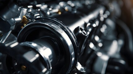 Fototapeta premium Detailed close up of a powerful and shiny chrome car engine.