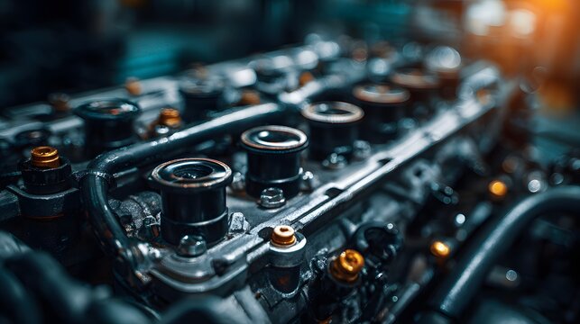 Detailed close up of a powerful internal combustion car engine block.
