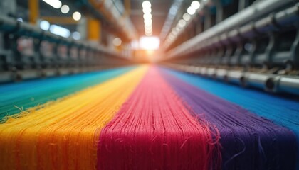 Colorful threads processed on industrial machines in a factory. Yarn in shades of blue yellow pink and purple moving along production line. Textile manufacturing process.