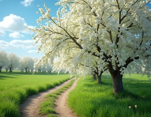 Naklejka premium Blooming tree alley with white flowers in spring. Countryside path winds through green grass field under blue sky. Beautiful rural landscape with blossoming fruit trees in orchard garden. Peaceful