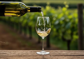 Fototapeta premium Crisp white wine pouring from a bottle into a stem glass during a sunny afternoon tasting session at a rustic, scenic vineyard location ,aroma ,pour ,fresh