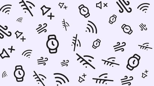 Seamless smartwatch and wireless signal pattern, technology icons on light background, digital graphic design, flat lay, minimal concept