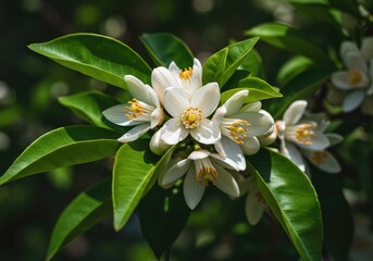 Fototapeta premium Delicate white orange blossoms bloom profusely on a vibrant green leafy branch in the spring sunlight, symbolizing freshness and new life ,fragrant ,bloom ,green