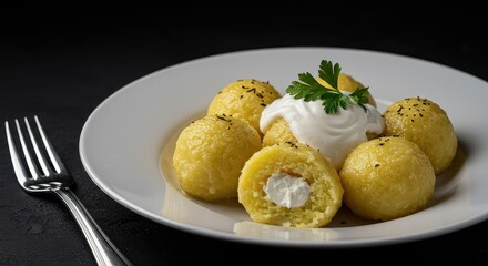Delicious potato and cheese dumplings, traditional European comfort food served hot with creamy toppings, ready for consumption ,serving ,pierogi ,potato