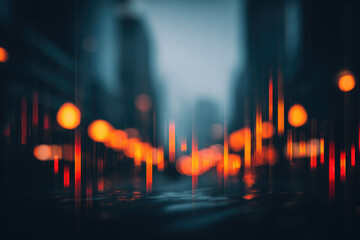 Blurred cityscape with glowing orange abstract graphs and digital light effects, futuristic urban night scene with vibrant energy and dynamic atmosphere