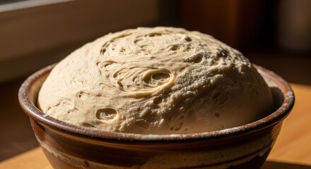 Close up of a bowl of risen bread dough, showcasing its texture and details