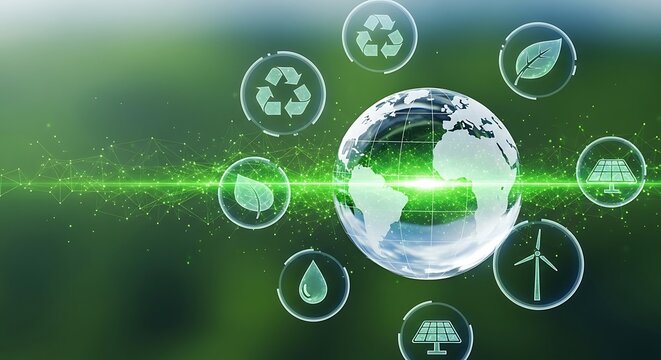 Global sustainability network with environmental icons and earth