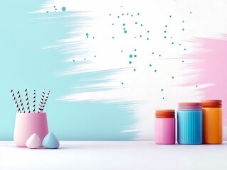 A still life composition featuring a pink holder with black and white striped straws, two small teardrop-shaped objects, and three colorful jars (pink, blue, or