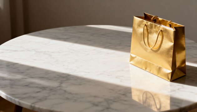 Luxury gold gift bag on a marble table in natural sunlight. Elegant shopping concept for holidays or birthdays with copy space for text