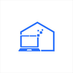Blue laptop inside house digital technology home office remote work vector icon on white background