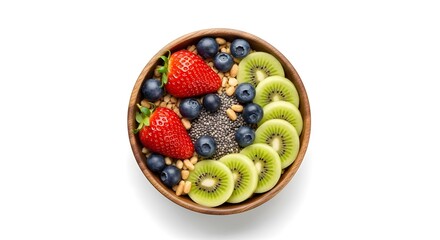 A vibrant and colorful fruit bowl filled with various healthy fruits and seeds. The wooden bowl is brimming with fresh blueberries, juicy strawberries, and slices of kiwi