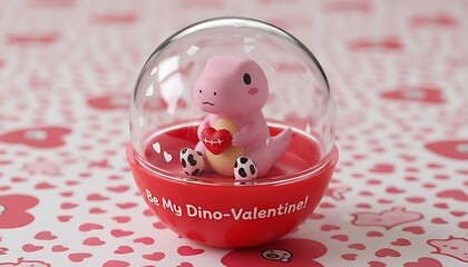 Adorable pink dinosaur toy in transparent capsule, holding red heart, 'Be My Dino-Valentine!' on base, on heart-patterned background, embodying playful affection and sweet romantic charm