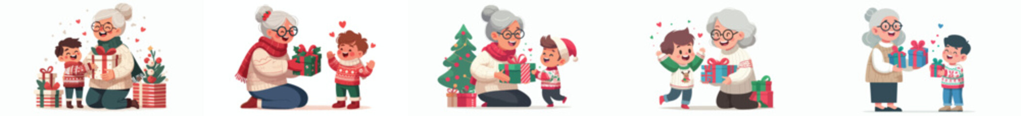 Grandmother gives Christmas presents to her grandchildren. Vektor, design, minimalist, illustrations, set icon