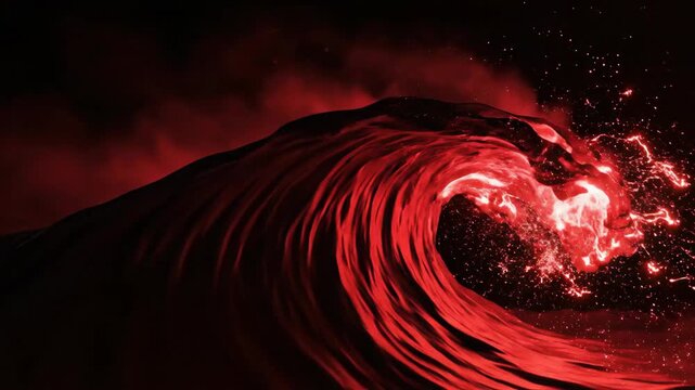Red wave cresting with spray, dark background, ethereal glow