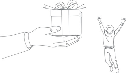 Joyful recipient receives a surprise gift from an outstretched hand