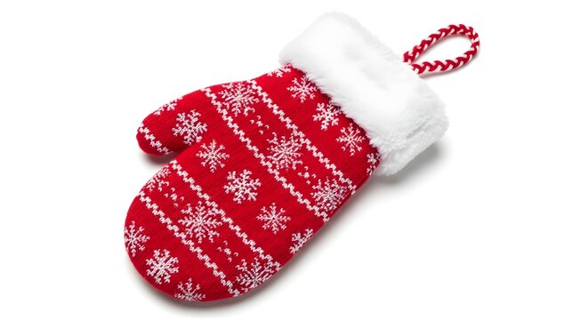A red mitten with white snowflake pattern hanging, a symbol of warmth and winter season. The mitten is made of knit material and trimmed with faux fur